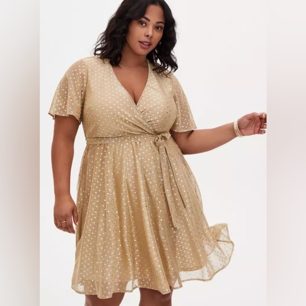 NEW Torrid Gold Metallic Polka Dot Mesh Wrap Dress 4x